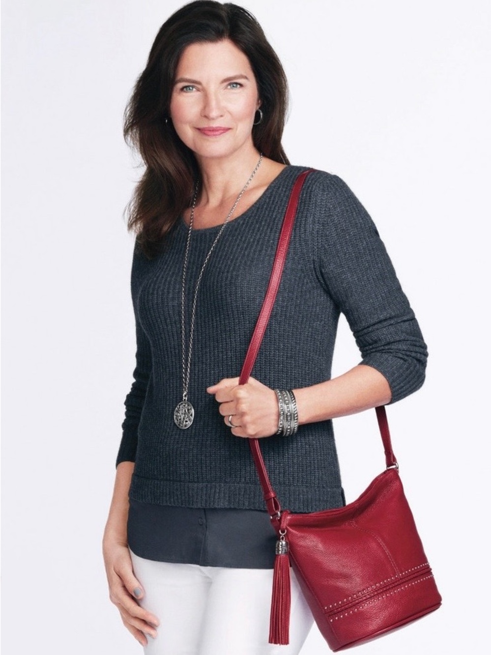 BRIGHTON Pretty Tough Leather Baby Jake Crossbody Bucket Bag in Lipstick Red